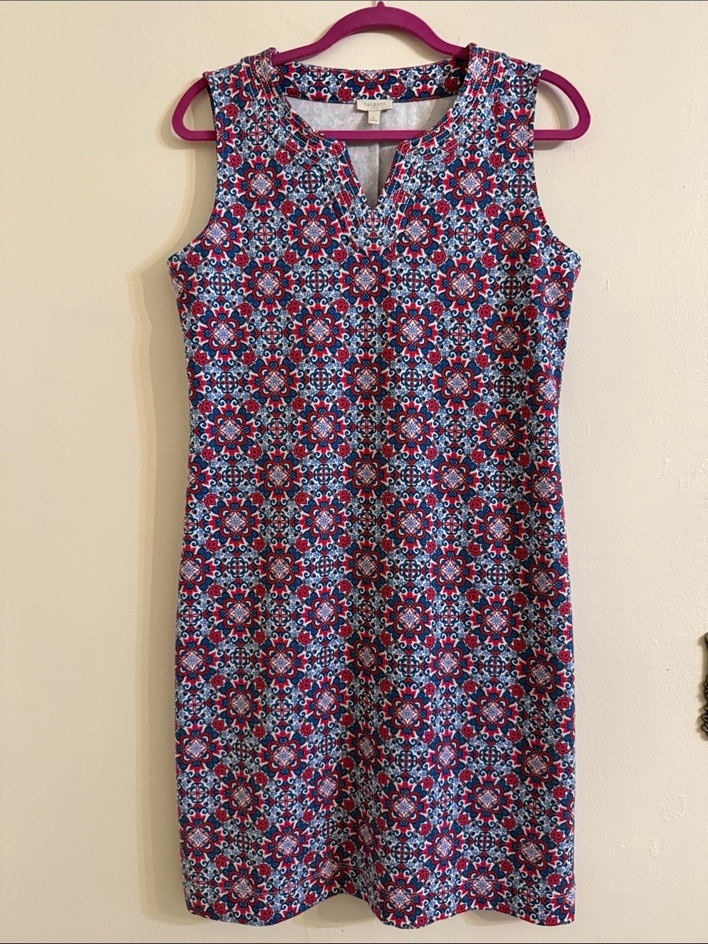 Talbots Sleeveless Midi Dress in Blue and Red Floral Tile Print